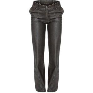 PrettyLittleThing Dark Brown Washed Faux Leather Dip Waist Flared Pants